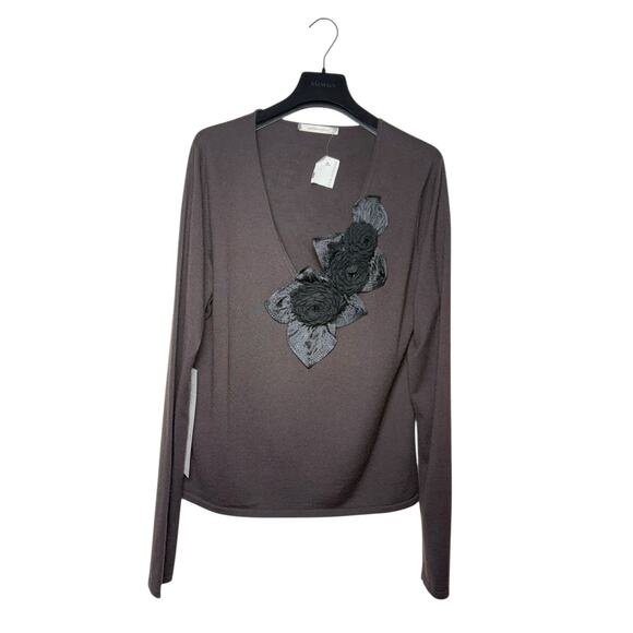 Naeem Khan NWT Brown Cashmere V-Neck Sweater Black Floral Applique XL - Picture 2 of 11
